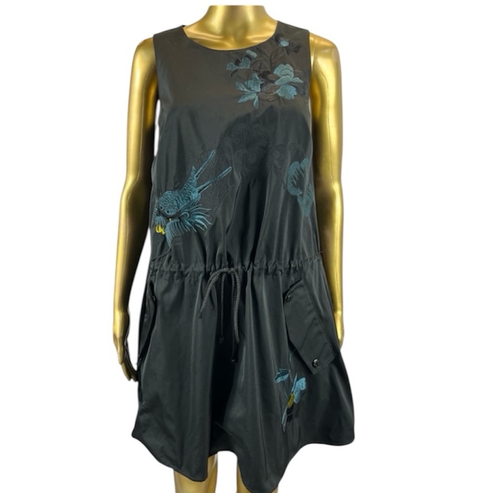 DKNY Petite Black Sleeveless Dress Drawstring Waist Bird Floral Embroidery